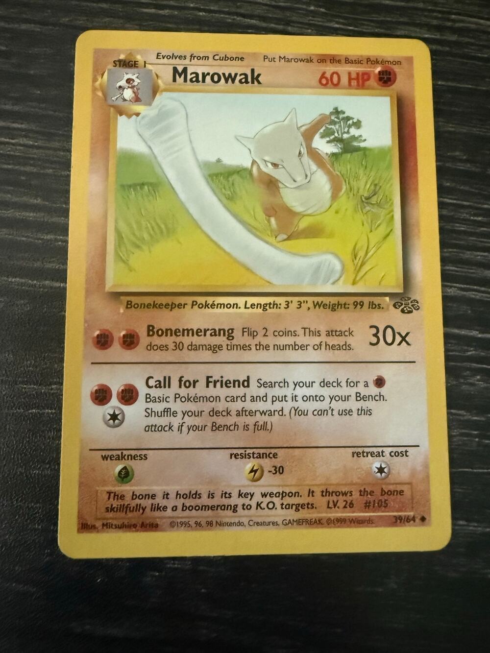 Vintage 1999 Pokemon Card Marowak 39/64 Jungle Set Uncommon Non-Holo